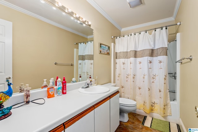 full bathroom with crown molding, vanity, toilet, and shower / tub combo