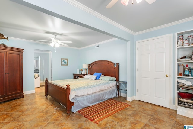 bedroom with ceiling fan and crown molding