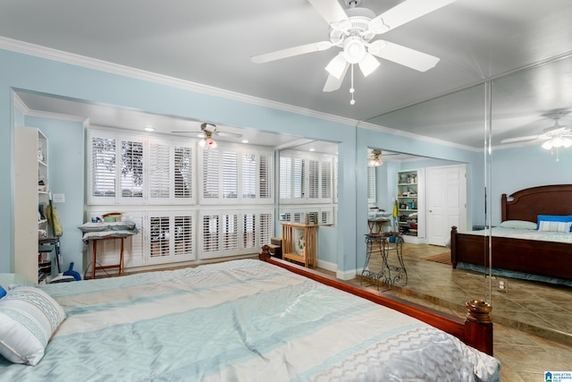 bedroom with ceiling fan, tile patterned floors, and ornamental molding