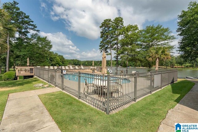 view of pool with a lawn