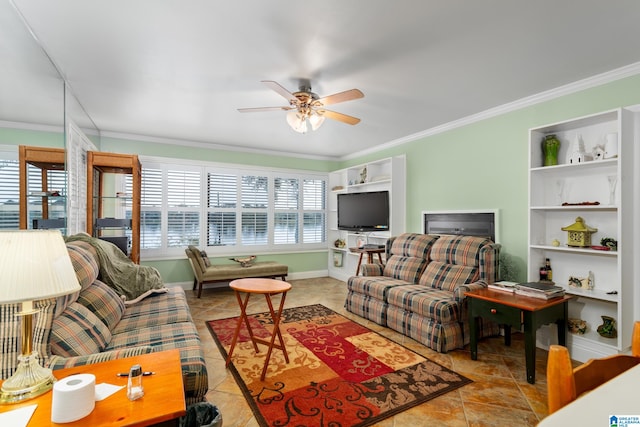 tiled living room featuring ceiling fan and ornamental molding