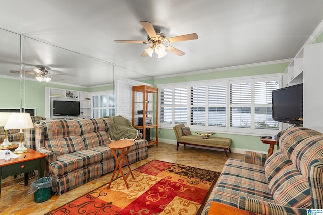 living room with ceiling fan, a healthy amount of sunlight, and crown molding