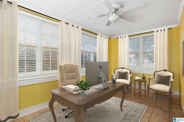 office with light tile patterned floors and ceiling fan