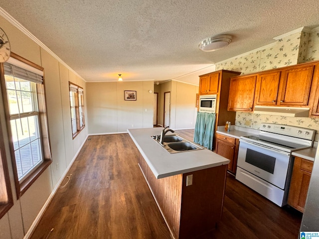 kitchen featuring a center island with sink, dark hardwood / wood-style flooring, crown molding, sink, and white appliances