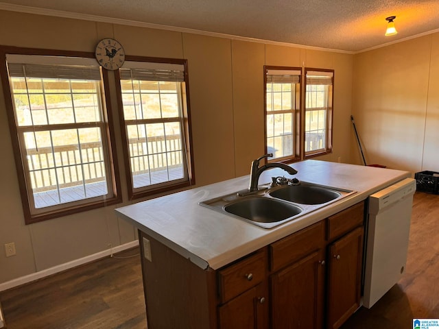 kitchen with a kitchen island with sink, dark hardwood / wood-style floors, white dishwasher, sink, and a textured ceiling