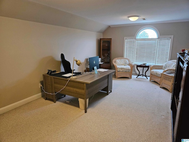 office featuring carpet and vaulted ceiling