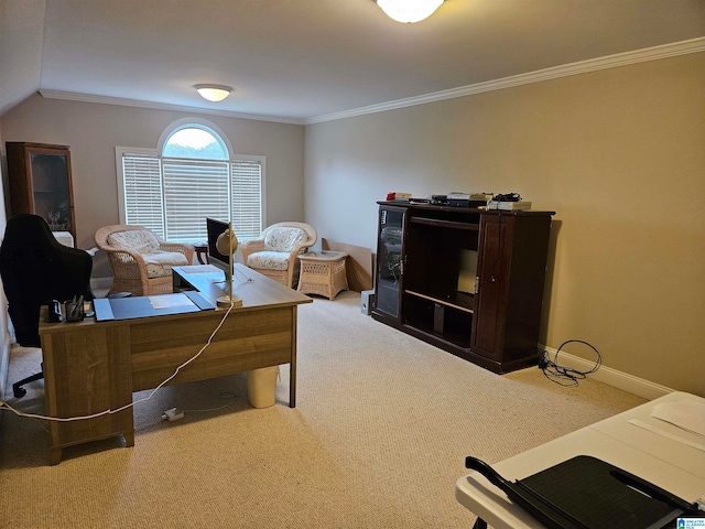 carpeted office with ornamental molding and vaulted ceiling