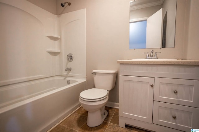 full bathroom featuring shower / bathing tub combination, vanity, tile patterned floors, crown molding, and toilet