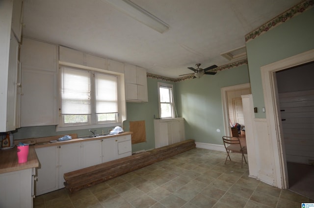 kitchen with white cabinetry, sink, and ceiling fan