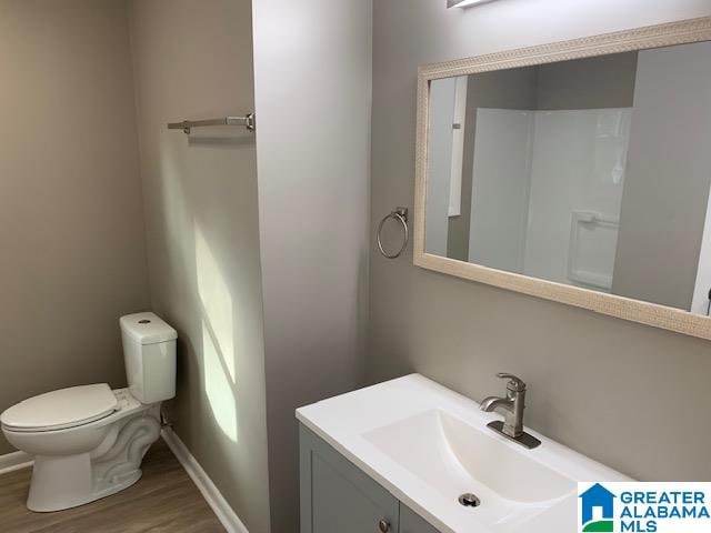 bathroom with toilet, hardwood / wood-style flooring, and vanity