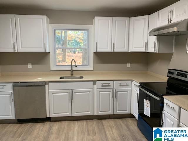 kitchen with stainless steel dishwasher, white cabinetry, sink, and black electric range