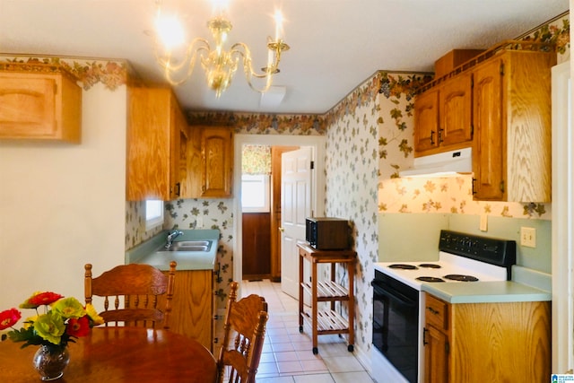 kitchen featuring white electric stove, sink, decorative light fixtures, light tile patterned floors, and a chandelier