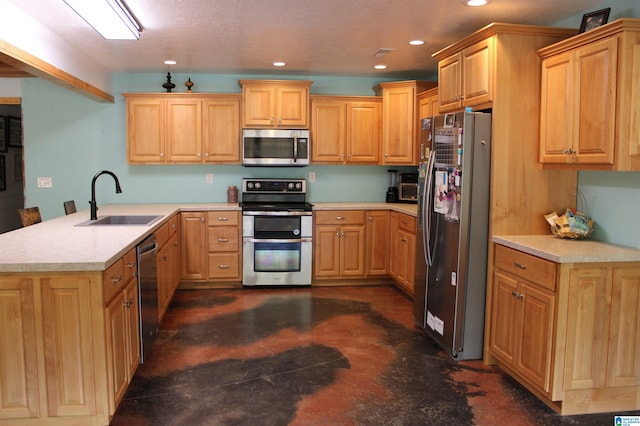 kitchen with sink, kitchen peninsula, and stainless steel appliances