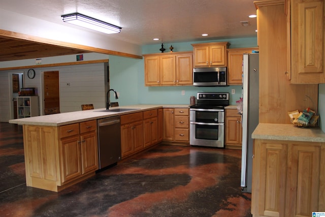 kitchen with kitchen peninsula, appliances with stainless steel finishes, and sink