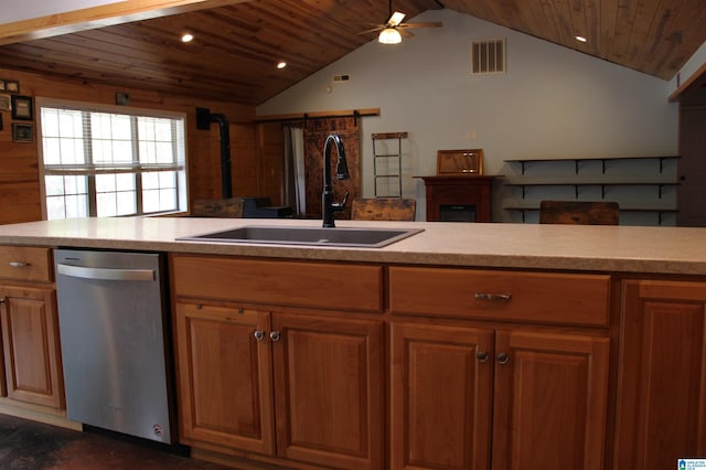 kitchen featuring wooden ceiling, ceiling fan, stainless steel dishwasher, and sink