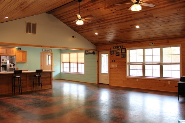 living room with wood ceiling, wooden walls, ceiling fan, sink, and high vaulted ceiling