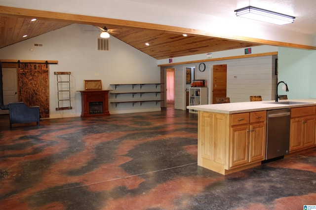 kitchen with a barn door, wooden ceiling, dishwasher, vaulted ceiling with beams, and sink