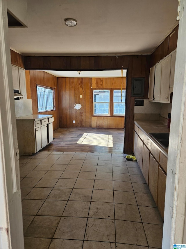 kitchen featuring wood walls and sink