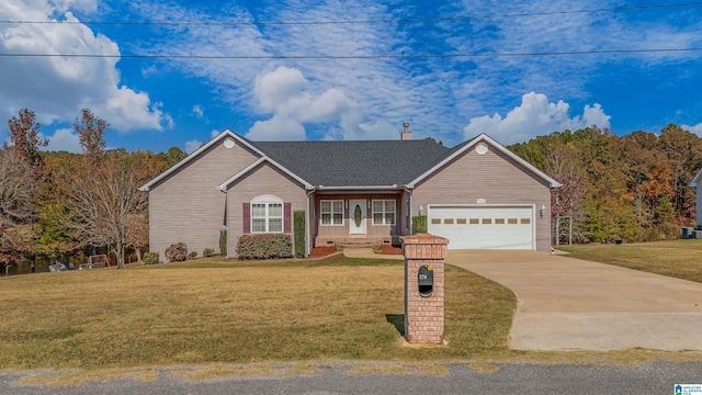 single story home with a garage and a front lawn