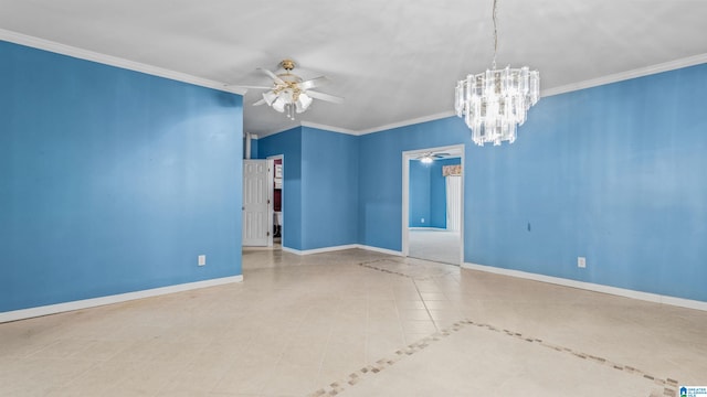 unfurnished room with crown molding and ceiling fan with notable chandelier