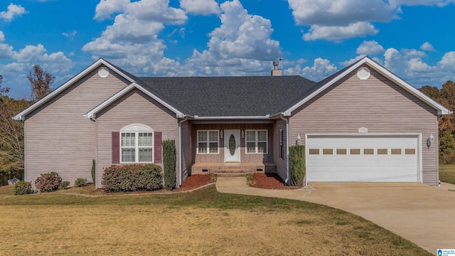 ranch-style home featuring a front yard, a garage, and a porch