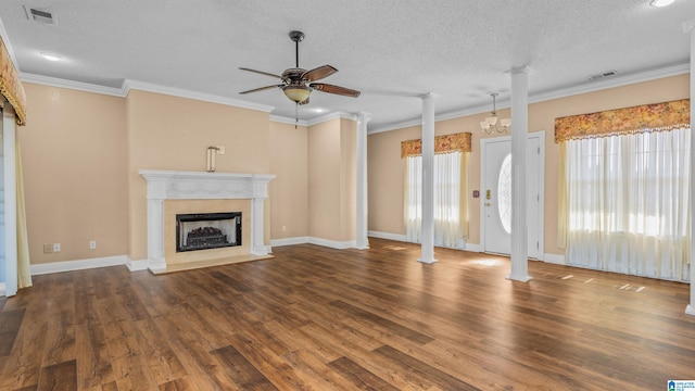 unfurnished living room featuring a textured ceiling, ceiling fan, and dark hardwood / wood-style flooring