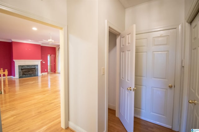 corridor featuring wood-type flooring and ornamental molding