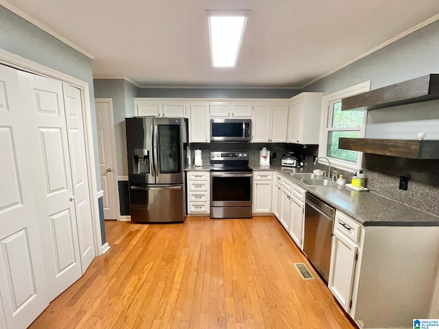 kitchen with decorative backsplash, sink, white cabinetry, light wood-type flooring, and appliances with stainless steel finishes