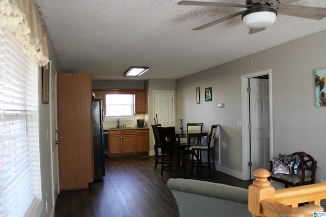 dining space featuring sink, dark hardwood / wood-style flooring, a textured ceiling, and ceiling fan