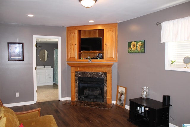 living room with a premium fireplace and dark wood-type flooring