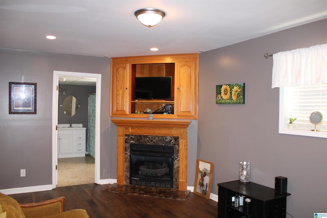 living room featuring sink, a high end fireplace, and dark hardwood / wood-style floors