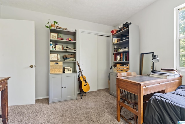 carpeted home office with a textured ceiling