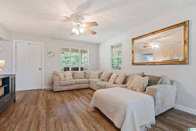 living room featuring ceiling fan and dark hardwood / wood-style floors