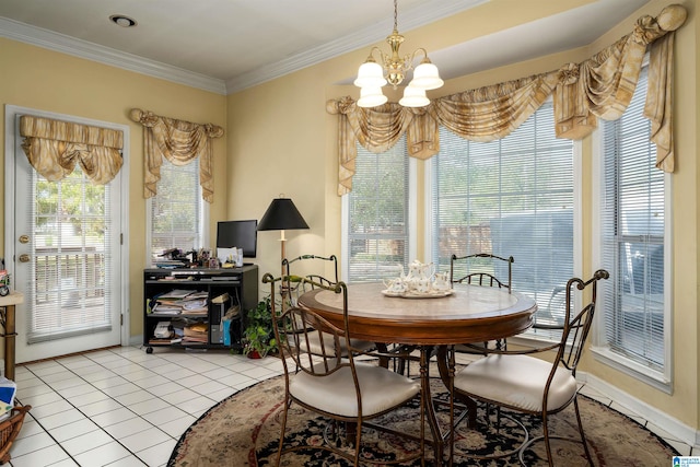 dining space with a chandelier, crown molding, and light tile patterned flooring