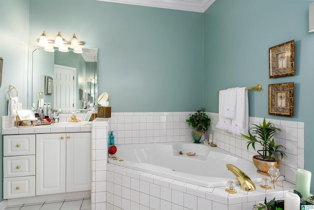 bathroom featuring vanity, tiled bath, tile patterned flooring, and ornamental molding