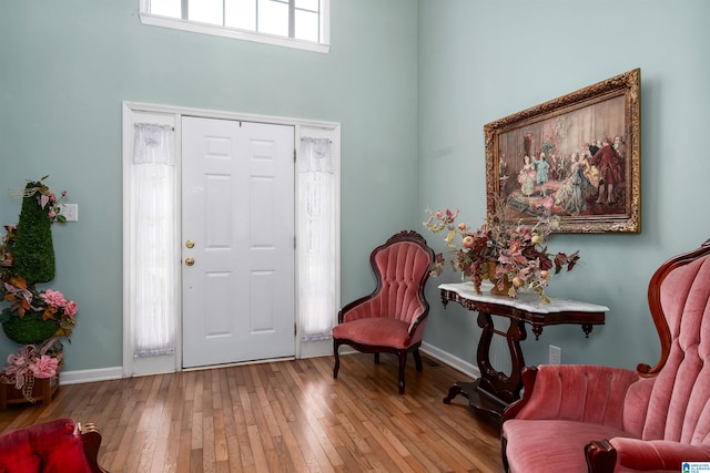 foyer entrance with hardwood / wood-style flooring and a high ceiling