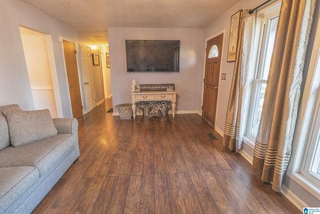 living room with a textured ceiling, dark hardwood / wood-style floors, and a wealth of natural light