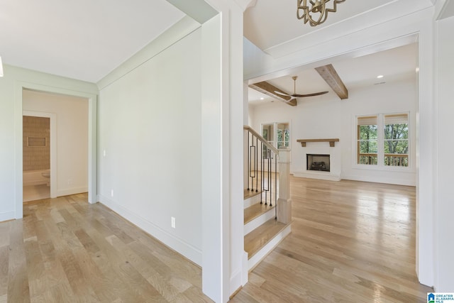 6558 Deerfoot Crossing Rd, Trussville, AL 35173 - hall featuring stairway, light wood-type flooring, beam ceiling, baseboards, and recessed lighting