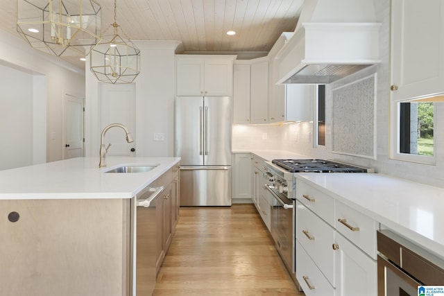 6558 Deerfoot Crossing Rd, Trussville, AL 35173 - kitchen featuring premium appliances, a sink, custom exhaust hood, light wood-style floors, and a kitchen island with sink