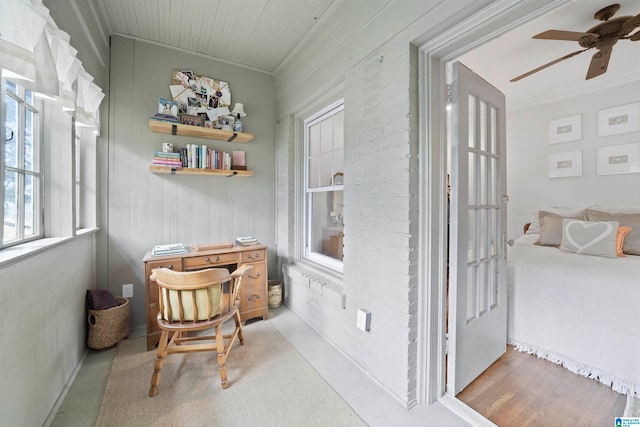 interior space with ceiling fan