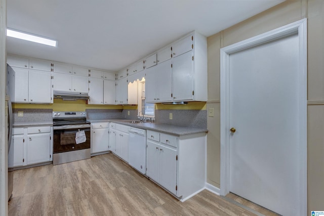 kitchen with stainless steel electric stove, white cabinetry, light hardwood / wood-style floors, and dishwasher