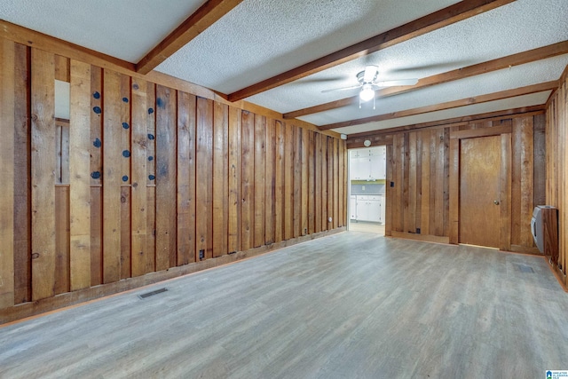 unfurnished room featuring a textured ceiling, wooden walls, beamed ceiling, ceiling fan, and light hardwood / wood-style flooring