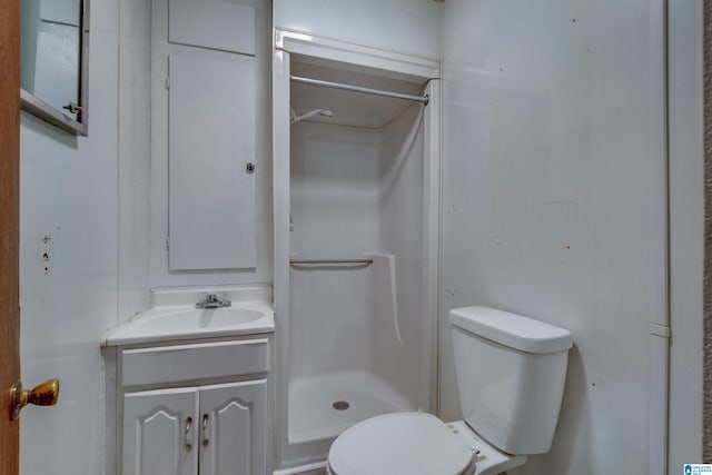 bathroom featuring toilet, vanity, and walk in shower