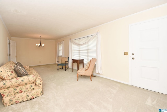 carpeted living room with a chandelier and ornamental molding