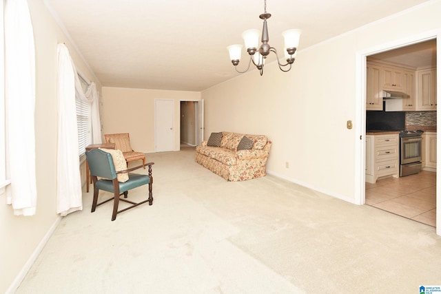 living area featuring light colored carpet, crown molding, and an inviting chandelier