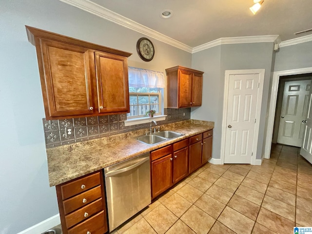 kitchen with crown molding, light tile patterned floors, decorative backsplash, sink, and stainless steel dishwasher