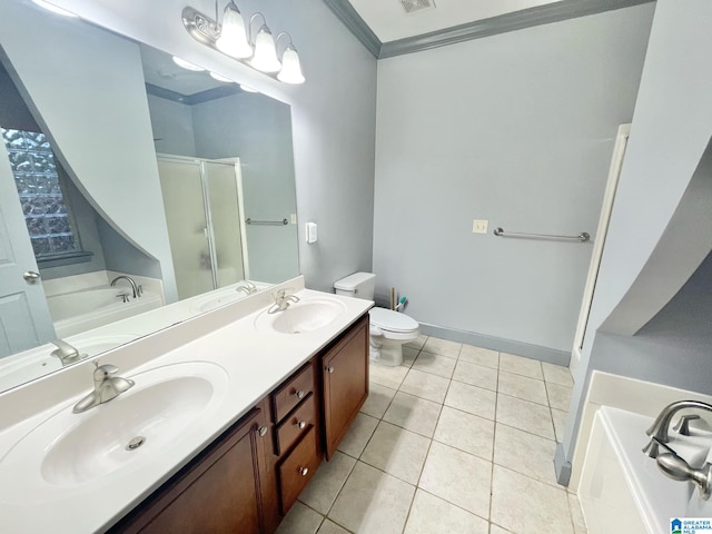 full bathroom featuring toilet, tile patterned floors, plus walk in shower, vanity, and crown molding