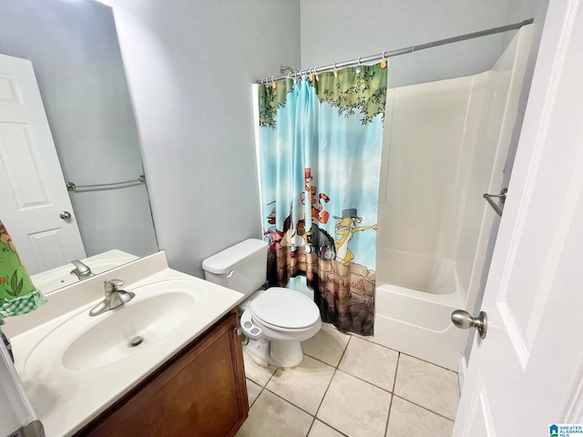 full bathroom with shower / bath combo, toilet, vanity, and tile patterned floors