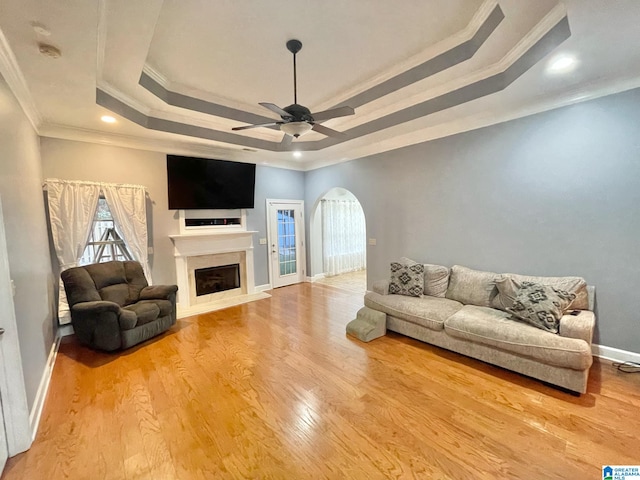 living room featuring light wood-type flooring, a tray ceiling, and ornamental molding