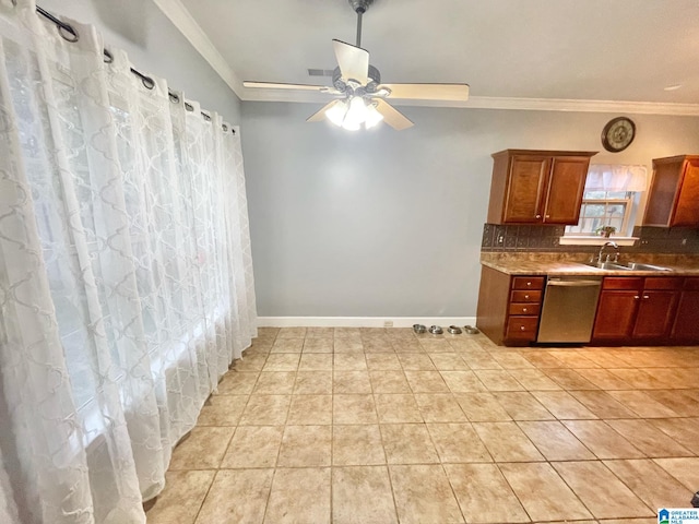 kitchen with dishwasher, sink, tasteful backsplash, ceiling fan, and crown molding